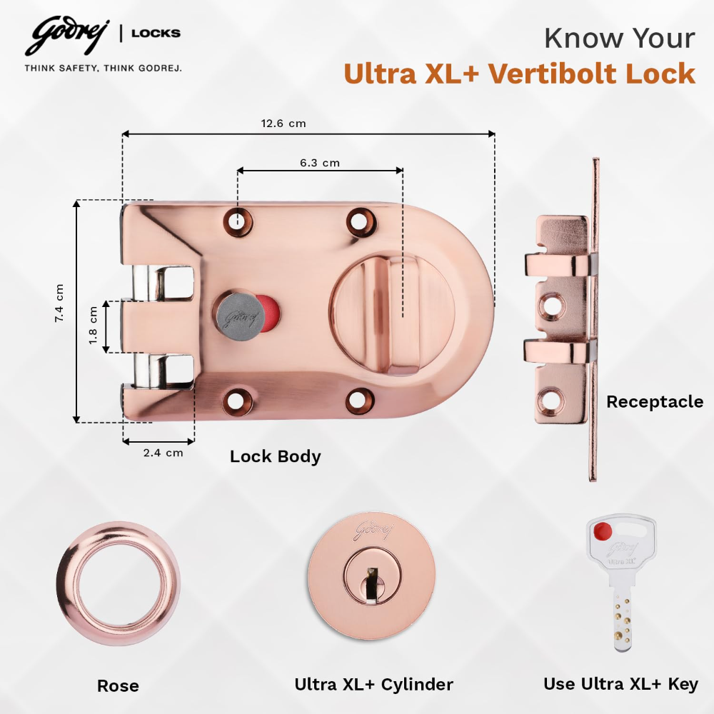 Godrej Rim Lock I Vertibolt 1CK Deadbolt I for Inside Opening Wooden Door | Left or Right Handed Doors I 4 Keys I 5-Year Warranty I Manual Locking l Rose Gold Finish